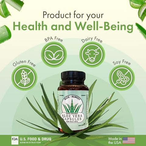 Aloe Remedy - Aloe Vera Capsules – Cápsulas de Aloe Vera à Base de Plantas com Gel e Folhas de Aloe Vera Liofilizadas, Cápsulas de Gel Puro de Aloe Vera para Suporte IC e BPS, Aloe Vera IC, 180 Cápsulas
