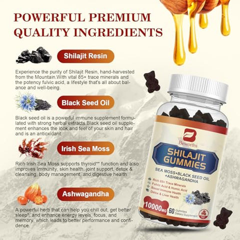 B BEWORTHS - Shilajit Resin Gummies: Suplemento de Musgo do Mar Irlandês com Óleo de Semente Preta, Ashwagandha e Ginseng Panax – 85 Minerais Traços