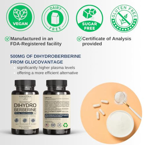 VINATURA - Dihydroberberine 500mg com Canela do Ceilão – GlucoVantage Super Berberine Patenteado, Talvez 5X Mais Absorvível – 30 Cápsulas