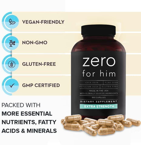 Suplemento de Fibra para Homens (500 cápsulas) – Chia, Linhaça e Psyllium – Cápsulas Veganas de Alta Fibra – Zero for Him Extra Forte – 500g - California Basics