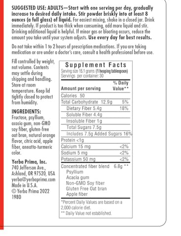 Fórmula Diária de Fibra 16 oz (Pacote com 2) – Suplemento Premium de Fibra Dietética, Sem OGM, Sem Glúten, Fabricado nos EUA, Sabor Laranja - Yerba Prima