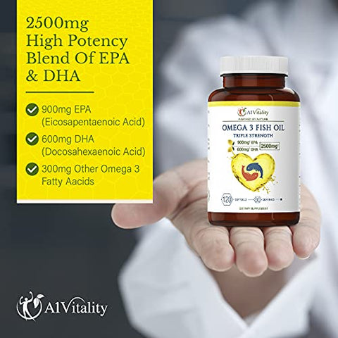 A1Vitality - Ômega 3 Triplo Forte EPA DHA – 2500mg Óleo de Peixe com Sabor de Limão, Livre de Arrotos – Alta Potência 900mg EPA 600mg DHA Suporta Circulação, Cérebro, Coração, Olhos, Pele e Ossos