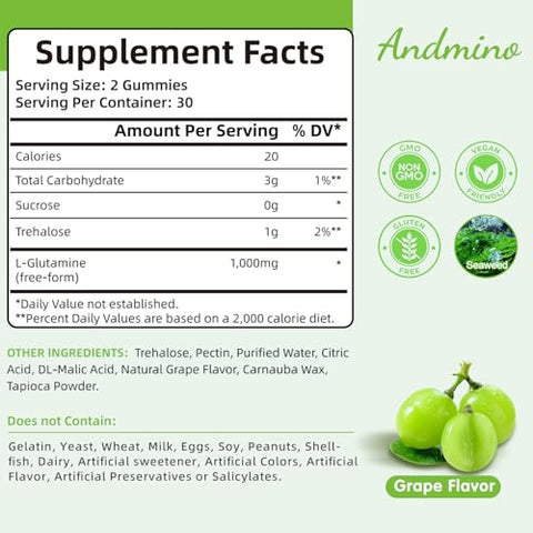 andmino - L-Glutamina Gummies 1000 mg com Trehalose – Suporte Intestinal e Reforço Imunológico