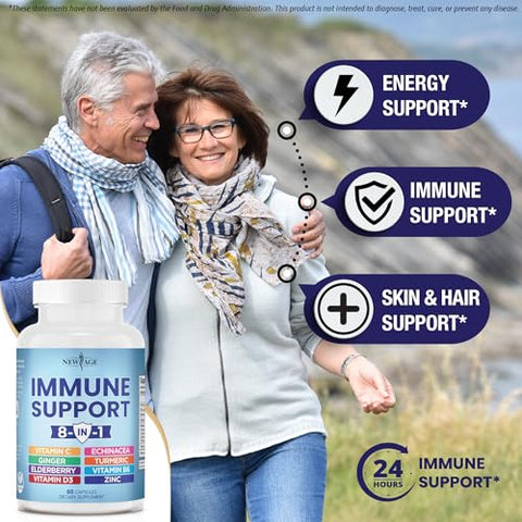 NEW AGE - 8 em 1 Suplemento Reforço Imunológico com Equinácea, Vitamina C e Zinco 50mg, Vitamina D 5000 UI, Cúrcuma Curcumina