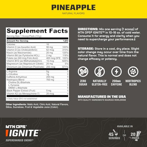 Ignite Trail Packs – Pó Energético, Sem Glúten, Suplemento de Óxido Nítrico em Pó, L-Arginina, L-Citrulina, Cafeína – 30g - MTN OPS
