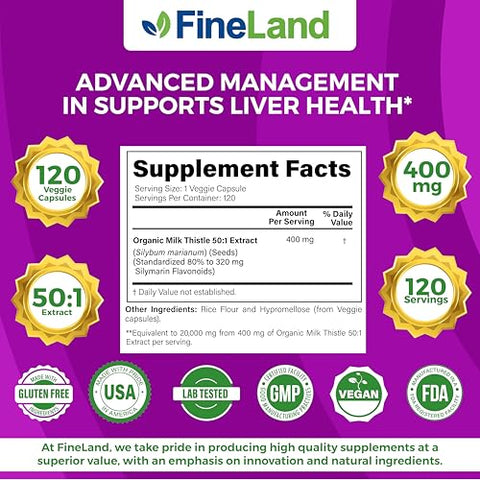 Extrato de Cardo Mariano Silymarin FineLand 50:1, Força Máxima 20.000mg Eq Por Cápsula, Limpeza e Desintoxicação do Fígado, Suporte à Saúde Hepática, Antioxidante, 120 Cápsulas Vegetais, 4 Meses