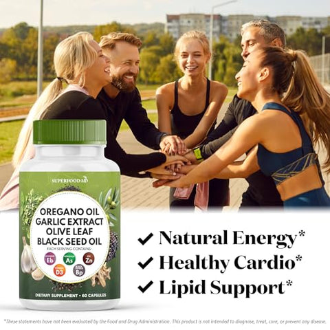 Superfood MD - Óleo de Orégano 6000mg Extrato de Alho 4000mg Folha de Oliveira 3000mg Óleo de Semente Negra 3000mg Suporte Imunológico Astragalus