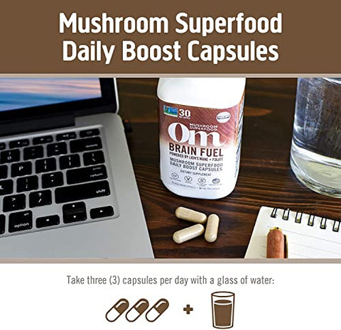 Mushroom Superfood Cápsulas de Pó de Cogumelo para o Cérebro, 90 Unidades, 30 Dias, Lion’s Mane, Reishi Blend Plus Folate, Clareza Mental, Suplemento de Cogumelo - OM