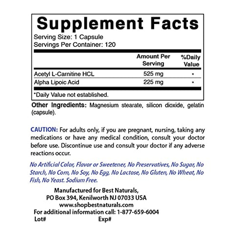 Best Naturals - Melhor Naturals Acetyl L-Carnitina e Ácido Alfa Lipóico 750 mg 120 Cápsulas (120 Unidades – Pacote com 3)