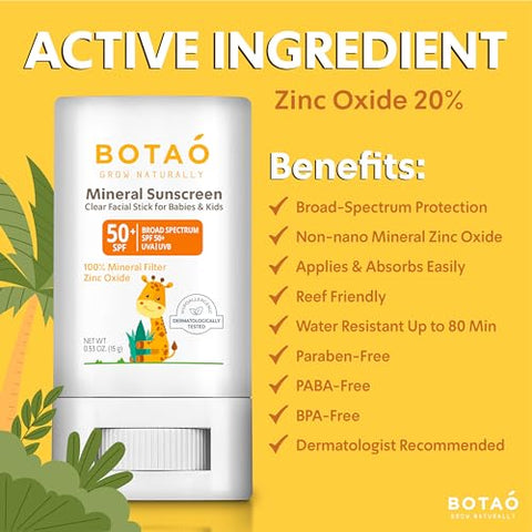 BOTAO - Protetor Solar Mineral para Bebês em Bastão 100% Óxido de Zinco FPS 50 Resistente à Água Proteção UVA/UVB Fácil de Aplicar Sem Fragrância
