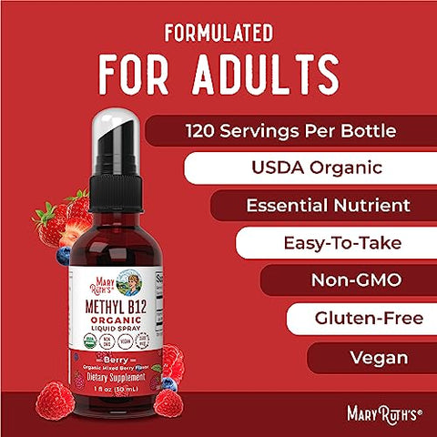 MaryRuth Organics - Spray de Vitamina B12 Orgânica USDA | Líquido de Vitamina B12 Orgânica em Spray | Suplemento de Vitamina B12 Líquida para Função do Sistema Nervoso | Vitamina B12 Líquida para Suporte Energético | Vegano | Não-OGM | 30ml