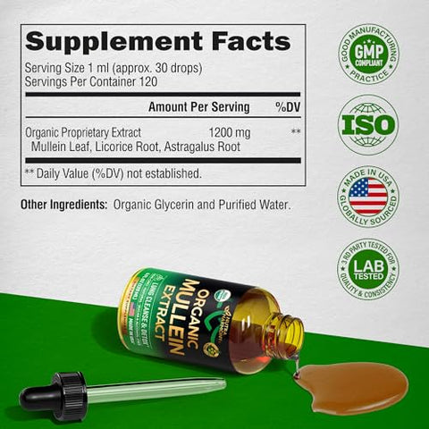 NUTRAHARMONY - Gotas de Mullein Orgânico USDA para os Pulmões – Folha de Mullein