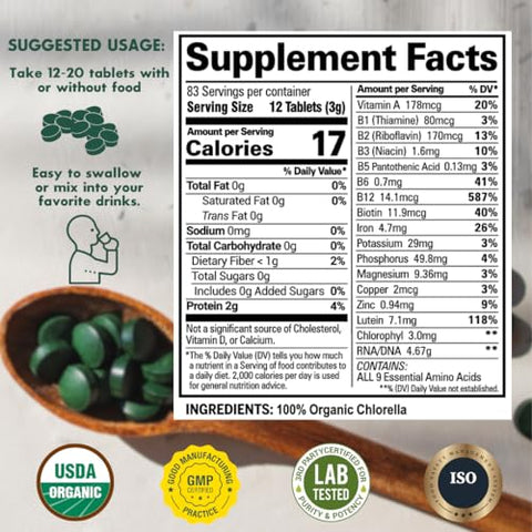 Sunlit Best Green Organics - Sunlit – Melhores Comprimidos de Chlorella Orgânica USDA Premium 1000 Unidades | Suplemento Superfood 100% Puro Rico em Proteínas, Clorofila, Vitaminas