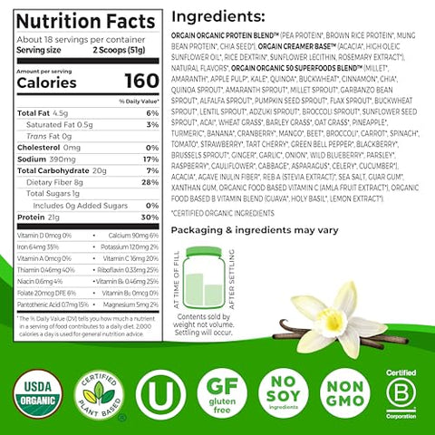Proteína Vegana Orgânica em Pó 50 Superfoods, Baunilha – 21g Proteína Vegetal, 8g Fibra Prebiótica, Sem Lactose, Livre de Glúten, Não-OGM, 920g (Embalagem…) - Orgain