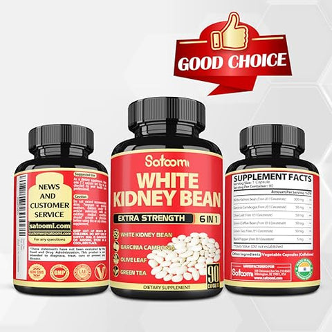 Satoomi - Cápsulas de Extrato de Feijão Branco 6 em 1 -90 Cápsulas -3 Meses de Fornecimento – Mistura Extra com Folha de Oliveira, Café Verde