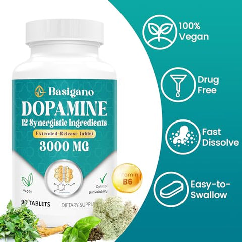 Basigano - Suplemento Natural de Dopamina para Energia, Foco, Motivação, Alerta Mental, Humor e Estresse – Sem OGM, Sem Glúten – 90 Comprimidos