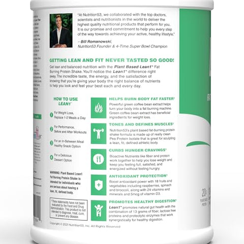 Nutrition53 Pó Substituto de Refeição para Perda de Peso, Queimador de Gordura, Controle de Apetite, Morango à Base de Plantas (28 Ounce) - LEAN1