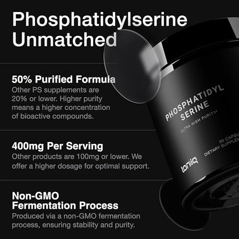 Phosphatidylserine – Fórmula de 400mg – Primeira Pureza de 50% do Mundo – Maior Pureza nos EUA – Suplemento de Fosfatidilserina Livre de Soja – 90 Cápsulas Vegetais - Toniiq