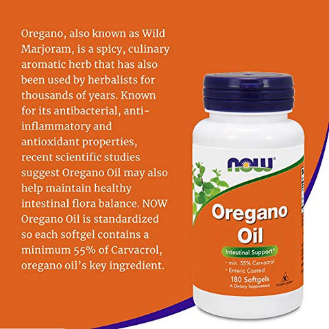 NOW Foods - Óleo de Orégano Now Foods (Mínimo 55% Carvacrol) – 181mg, 180 Softgels – Suplemento de Suporte Digestivo de Alta Potência, Promove a Saúde Intestinal, Antibiótico Natural – Kosher – 180 Porções