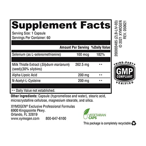 Liver Protect – Suporte à Saúde do Fígado Produção de Glutationa – Extrato de Cardo Mariano, Ácido Alfa-Lipóico ALA, N-Acetil-L-Cisteína, Selênio L-Selenometionina (60 Cápsulas) - XYMOGEN