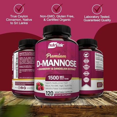 D-Mannose 1500mg – 120 Cápsulas com Extrato de Cranberry e Dente-de-leão – Suporte Natural para a Saúde do Trato Urinário – Melhor Pó de D-Mannose – Elimina Impurezas, Desintoxica - NutriFlair