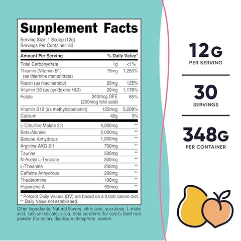 Pó Pré-Treino para Mulheres, Sabor Pêssego Manga, 30 Porções – 300g - Nutricost