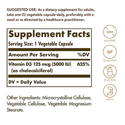 SOLGAR - Solgar Vitamina D3 (Colecalciferol) 125 mcg (5000 UI), 240 Cápsulas Vegetais – Mantém os Ossos Saudáveis