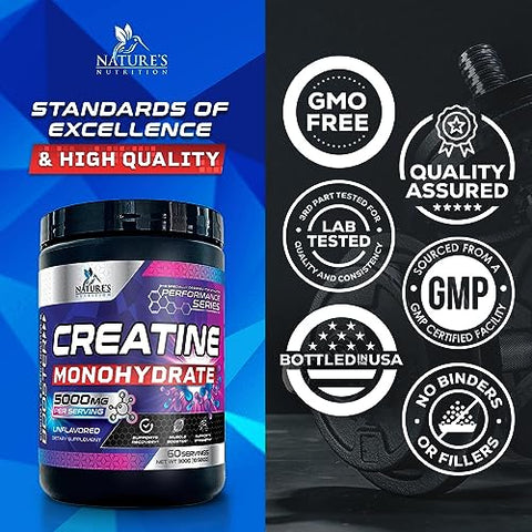 Nature's Nutrition - Pó de Creatina Monohidratada Micronizada – Pó de Creatina sem Sabor 5000mg por Porção (5g) Suplemento de Aminoácidos para Apoio à Construção Muscular