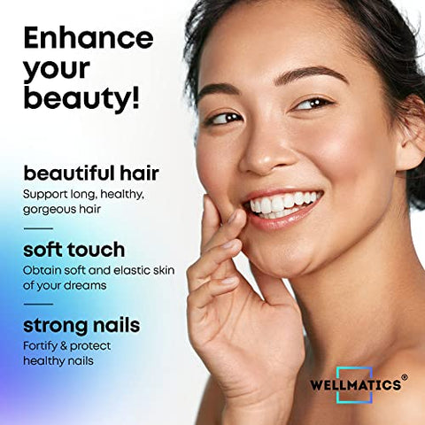 Wellmatics - Biotina e Colágeno – Vitaminas para Crescimento Capilar – Fabricado nos EUA – Vitaminas para Cabelo e Unhas para Mulheres – Vitaminas de Biotina para Cabelo, Pele e Unhas – Complexo de Vitamina B – 60 cápsulas