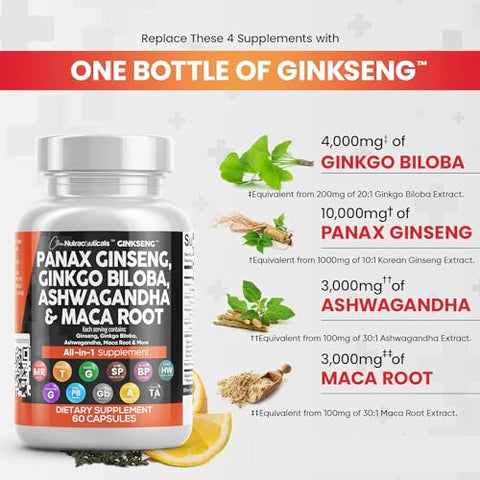 Panax Ginseng 10000mg, Ginkgo Biloba 4000mg, Ashwagandha Maca Root 3000mg – Suplemento para Foco com Extrato de Casca de Pinheiro, Alho e Semente de Saw Palmetto – Mulheres e Homens – 60 Cápsulas - Clean Nutraceuticals
