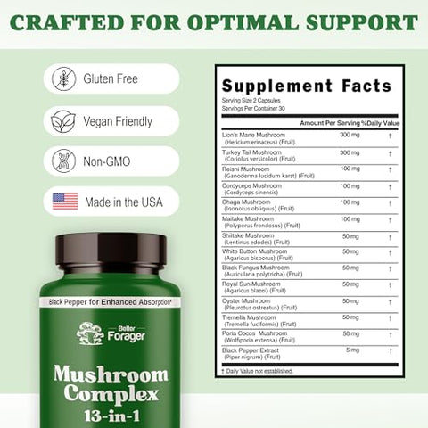 Better Forager - Cápsulas Complexas de Cogumelo, Suplemento de 13 Cogumelos, Cogumelo do Leão, Reishi, Cordyceps, 13 em 1