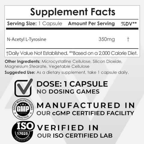 Cápsulas de N-Acetil L-Tirosina | 350mg | 120 Unidades | NALT | Suplemento de Aminoácidos | Memória, Aprendizado, Foco, Níveis Saudáveis de Estresse - Nootropics Depot