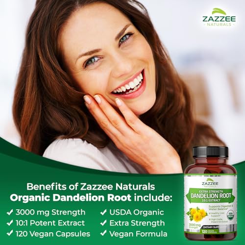 Dandelion Root Orgânico USDA 10:1 Extrato, 3000 mg Força, 120 Cápsulas, Suprimento de 4 Meses, Extrato Padronizado e Concentrado 10X, 100%% Vegetariano, Natural e Não-OGM - Zazzee