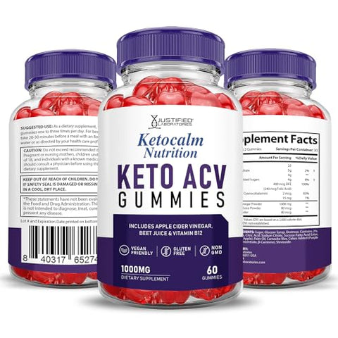 Justified Laboratories - (2 Pacotes) Gomas Ketocalm Nutrition Keto ACV Fórmula Avançada 1000MG Keto Calm Nutrition Gomas Keto de Vinagre de Maçã Formuladas com Pó de Romã e Beterraba B12 Vegan
