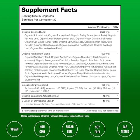 NutraChamps - Cápsulas de Super Verdes Orgânicos – 40 Super Alimentos | Marca: Organic Super Greens | 40g