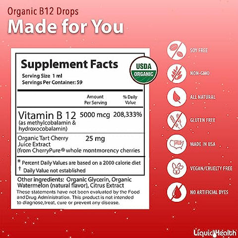 Vitamina B12 Methylcobalamin Líquida Orgânica com Suco de Cereja – Energia, Sistema Imunológico e Memória - LIQUIDHEALTH