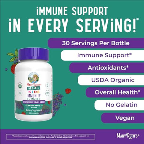 Gummies Infantis de Suporte Imunológico | Orgânicos Certificados pelo USDA | Vitamina C, Zinco e Gummies de Sabugueiro para Crianças | Suporte Imunológico para Crianças a partir de 4 anos | Vegano | Não-OGM | Livre de Glúten - MaryRuth Organics