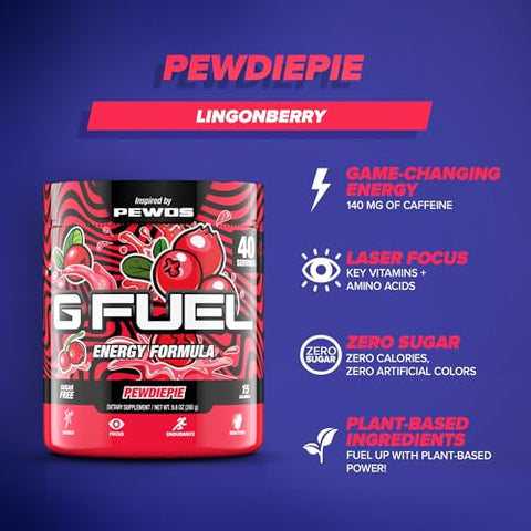 PewDiePie – Pó Energético, Sem Açúcar, Foco com Cafeína Limpa, Mistura para Água, Sabor de Lingonberry, Aminoácidos de Foco, Vitaminas e Antioxidantes – 280g (40 Porções) - G Fuel