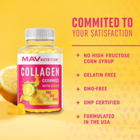 MAV NUTRITION - Gomas de Colágeno para Mulheres | 200mg Colágeno Hidrolisado 2500mcg Biotina, Com Vitamina C, E