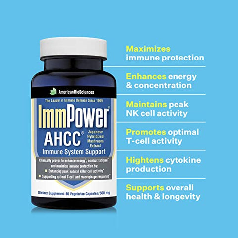 American BioSciences - ImmPower – Extrato de Cogumelo AHCC para Suporte ao Sistema Imunológico – Suplemento de Suporte Imunológico para Adultos – Suporta a Função de Citocinas – 60 Cápsulas Vegetarianas, 500mg/cápsula