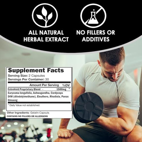 ESTROVOID | Bloqueador de Estrogênio para Homens | 1500mg Inibidor Natural Máximo de Aromatase* c/ DIM, Longjack, Ashwagandha, Eleuthero, Cordyceps, Rhodiola | Potência Máxima | - VH Nutrition