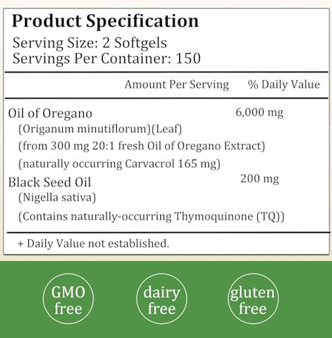 YILIXI - Óleo de Orégano Softgels, 2 em 1 6000mg Óleo de Orégano com Óleo de Semente Preta 200mg, Cápsulas de Suplemento de Óleo de Orégano, Sem GMO, Sem Glúten, 300 Cápsulas Softgel