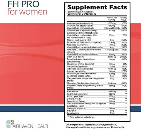 FH Pro para Mulheres | Suplemento Premium de Fertilidade para Mulheres | Regularidade do Ciclo e Qualidade dos Óvulos | Multivitamínico Feminino para Suporte à Concepção | 180 Cápsulas - Fairhaven Health