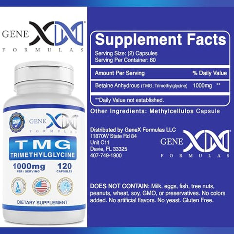 Genex Formulas - GENEX 1000mg TMG – 120 Cápsulas – Betaina Anidra Trimetilglicina 1000mg – Suplemento para o Fígado – Níveis Saudáveis de Homocisteína – Livre de Glúten