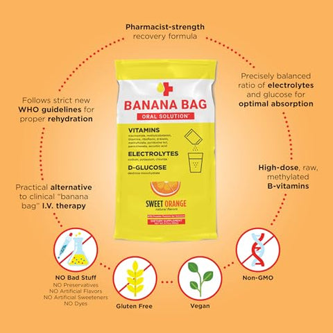 Banana Bag Oral Solution - Banana Bag Solução Oral: Fórmula de Recuperação Sabor Laranja Doce (15-Pack) – Farmacêutico Formulado – 100% Natural