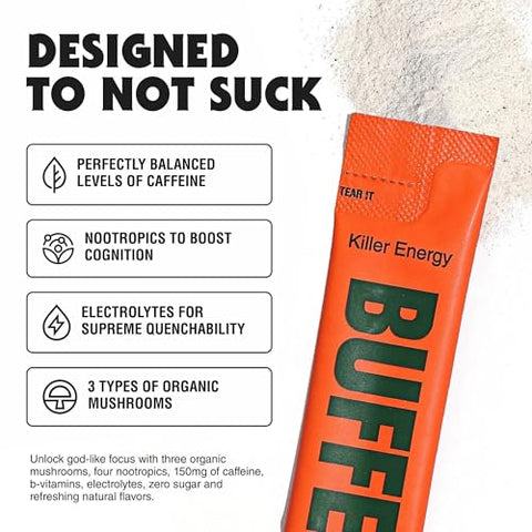 BUFFED - Pacotes de Pó Energético em Bastão, Mistura para Bebida | Pacotes de Estímulo Limpos e Saudáveis | Hidratação com 150mg de Cafeína | Nootrópicos, Cogumelos Orgânicos, Vitaminas B, Eletrólitos | 30 Pacotes de Abacaxi
