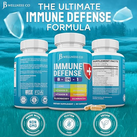 JB Wellness Co - Cápsulas 8 em 1 para Suporte Imunológico – Suplemento de Zinco, Vitamina D3 5000 UI, Vitamina C 1000MG e Sabugueiro – Reforço Imunológico com Equinácea, Gengibre e Cúrcuma – Marca: Immune Support