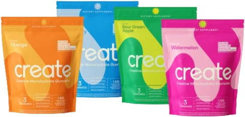 Create - Gummies de Monohidrato de Creatina – Pack com 4 Variedades (3 Unidades) – Aumente o Foco, Força e Resistência, 1,5g de Creatina por Gummy (Laranja, Blue Raspberry, Melancia e Azedo)