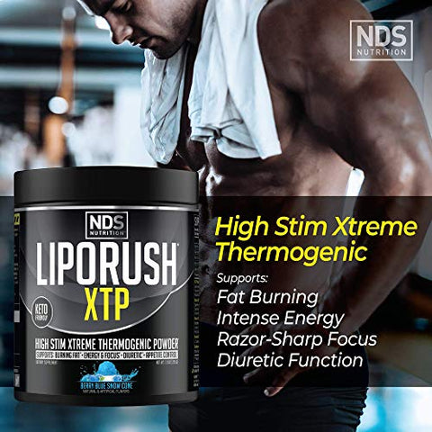 LIPORUSH - NDS Nutrition XTP Queimador de Gordura Termogênico com L-Carnitina – Energia, Foco e Controle de Apetite – Pó Termogênico Extremo para Perda de Peso – Sabor Blue Berry Snow Cone (45g)
