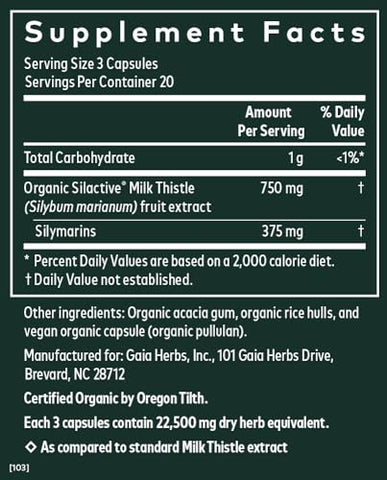 Milk Thistle – Suplemento para o Fígado – 60 cápsulas – 500mg - Gaia Herbs